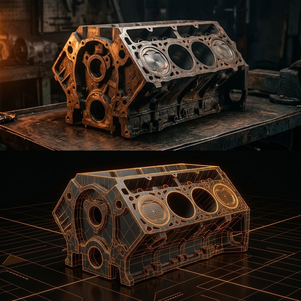 Antes e depois: bloco de motor real vs modelo 3D escaneado